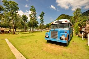 Blue and white retro bus