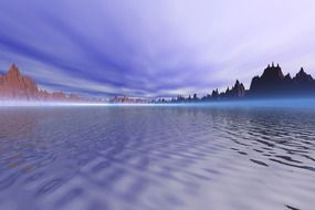 purple sky reflected in a blue mountain lake