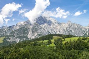 scenic white mountains above green countryside, austria, salzburg