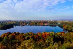 Beautiful view of the reservoir Baldeneysee among the colorful trees in Germany