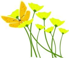 painted yellow butterfly on yellow poppies