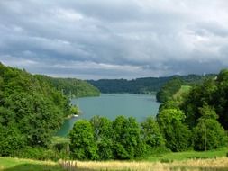 large reservoir in the green forest