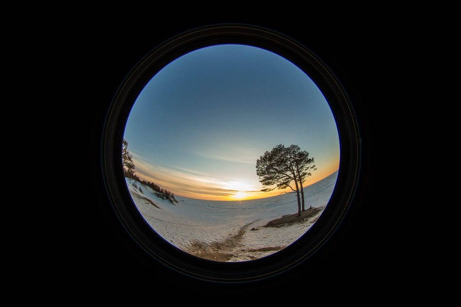 View from the lens on a winter sunset