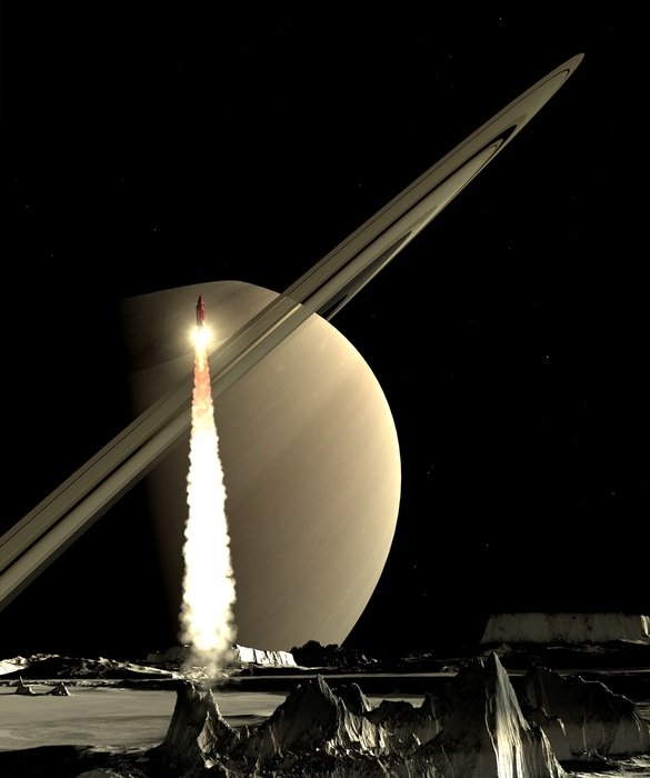 photo of a rocket launch on the background of the planet Saturn