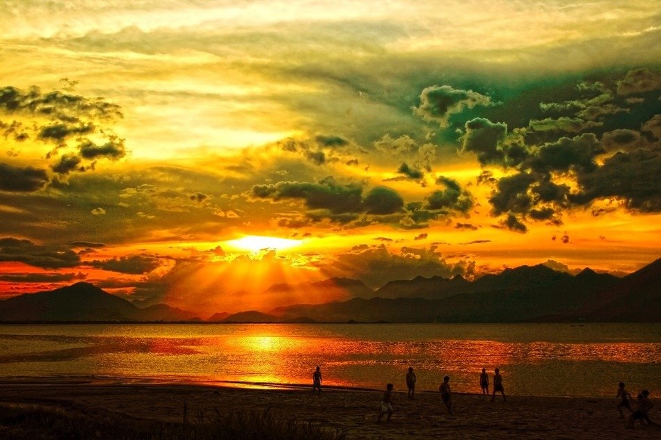 bright sunset over the water in Vietnam