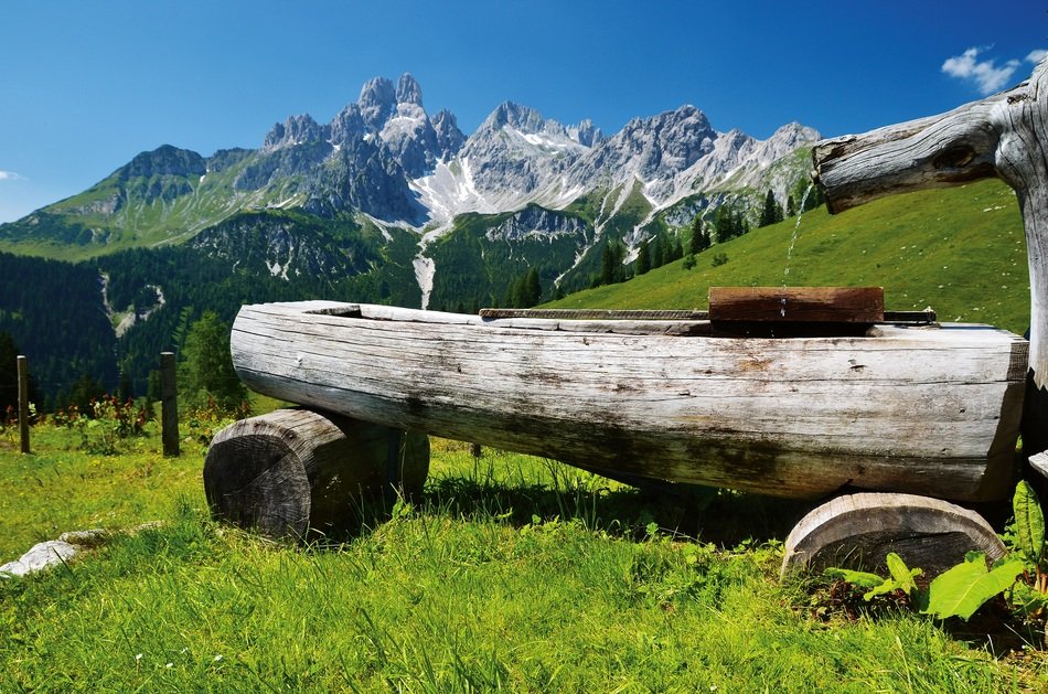 wooden table on alpine mountains