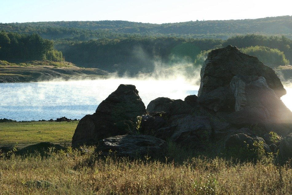 rocks and floating lake on beautiful landscape