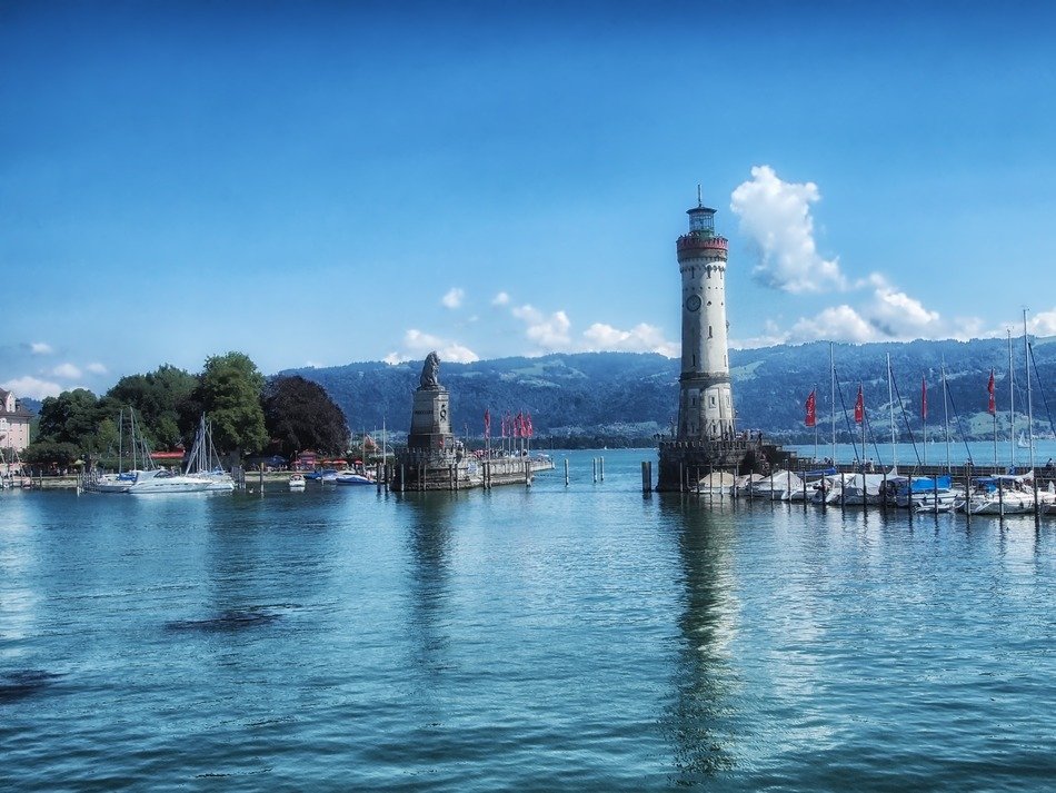 lighthouses and boats in the harbor of Lindau, Germany