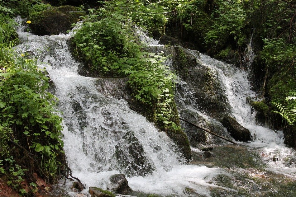 scenic waterfall, stream on rock