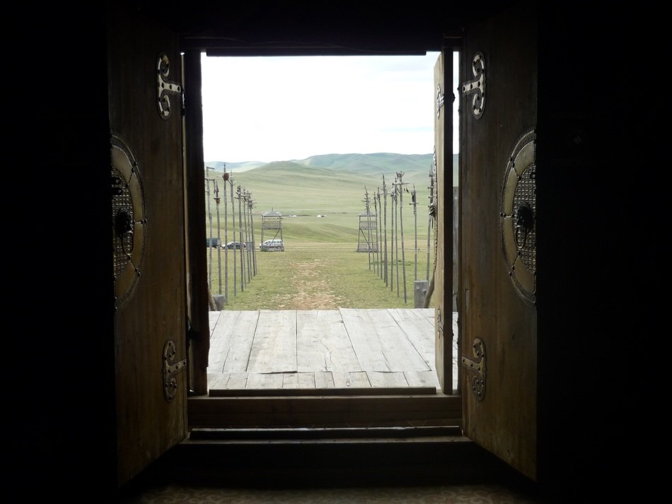 landscape of the steppe in Mongolia through the door