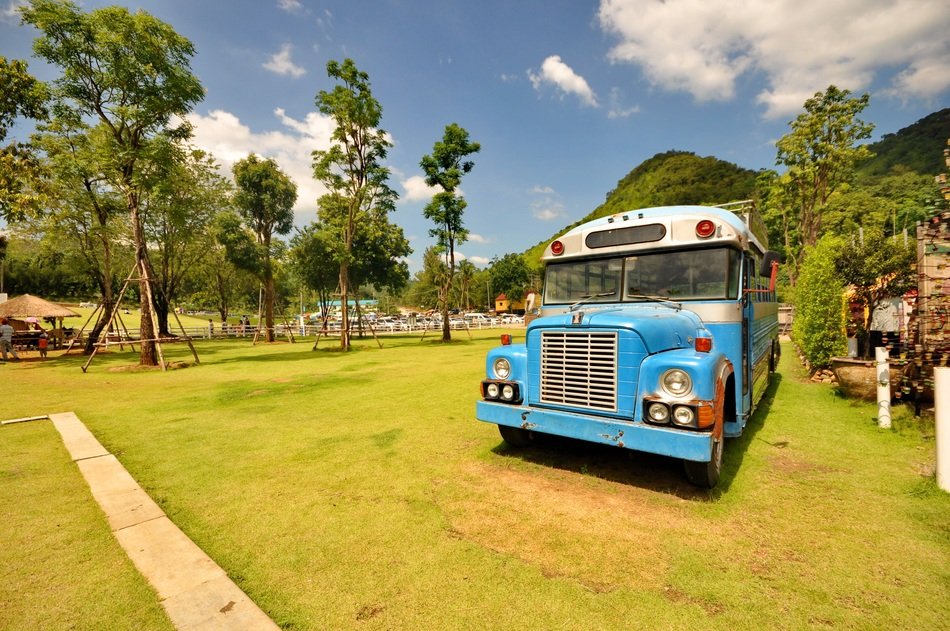 Blue and white retro bus