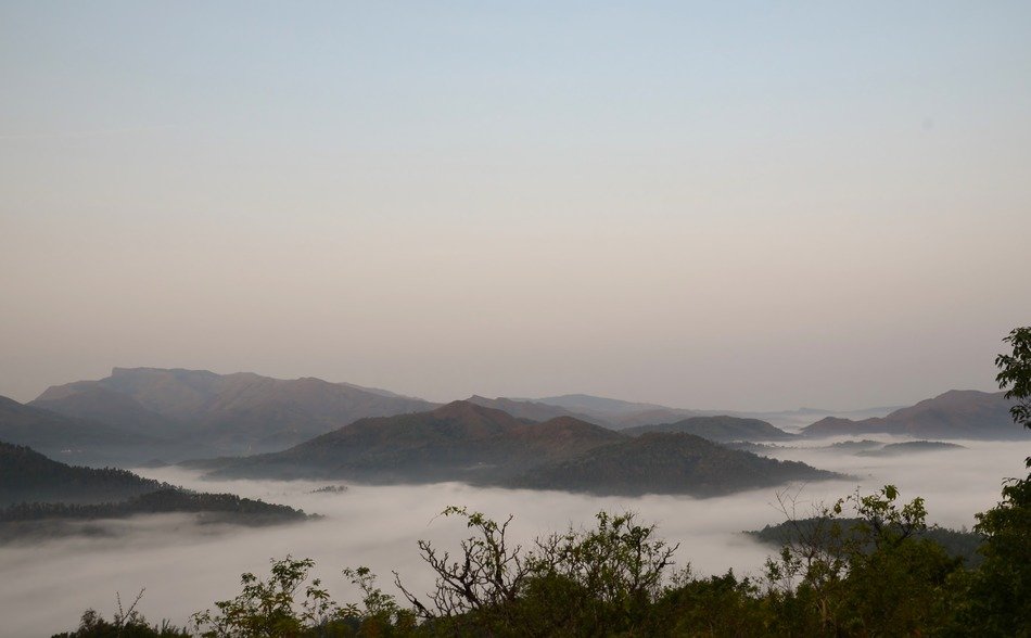 Scenic mountain views in calm weather