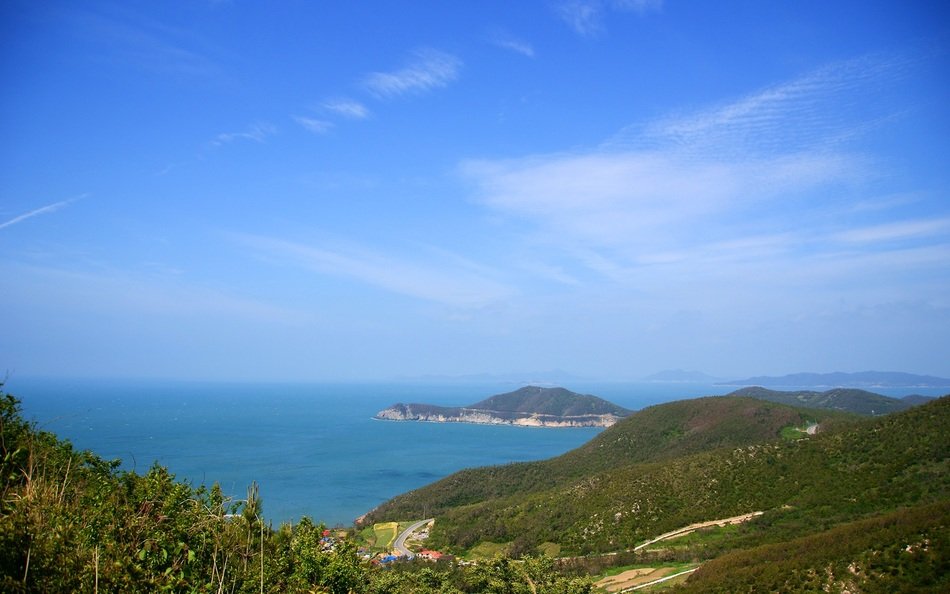 Mountains with green trees near the ocean