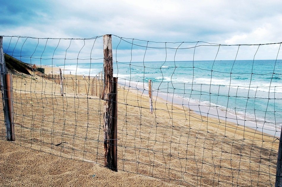 wire mesh along the beach on the ocean