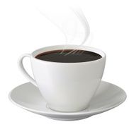 Cup of hot coffee with steam and saucer