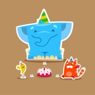 Happy Birthday party with little elephant cat and bird