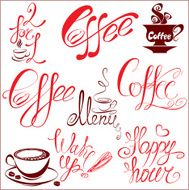 Set of coffee cups icons and hand drawn calligraphic text