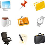 Office Icon Set Computer Pin Watch Coffee ID Suitcase