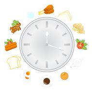 Clock with food and kitchen utensils meal time vector illustr