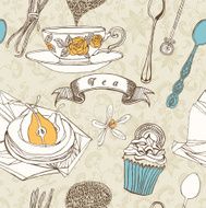 Sweet background Hot tea and cupcakes