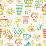 Seamless pattern with cups of tea glasses and teapots