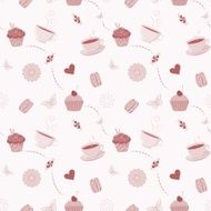 Hand drawn seamless pattern with cupcakes macaroons and teacups