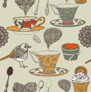 Cupcake tea and bird seamless background Vector