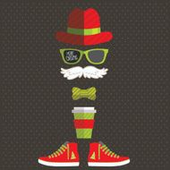 Hipster Santa Claus with hat mustache glasses tea sneakers