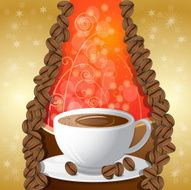 Cup of coffe over golden background with beans