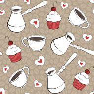 seamless vector pattern with cups cookies cupcakes and cezve N4
