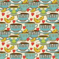 Seamless pattern with cups lemons and hearts