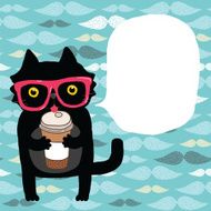 cute cartoon doodle cat in hipster glasses with coffee cup