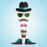 Hipster man with hat glasses bow coffee paper cup sneakers