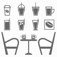 Set of drinks in coffee shop on white background
