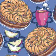 vector seamless pattern with pies and cups of tea