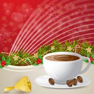 Coffee and bell over Christmas background