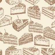 Seamless pattern with pieces of cakes pies in doodle style