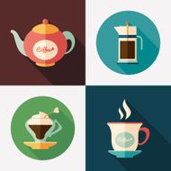 Coffee kettles with coffee cups flat square and round icons