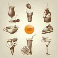 Vector set of fruit cake cocktails and ice cream