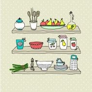 Kitchen utensils on shelves sketch drawing