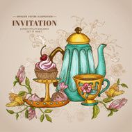 Vintage Menu or Invitation Card - with Teapot and Desserts