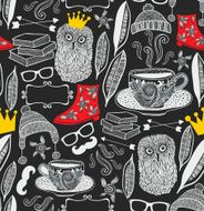 Seamless pattern with cute owl in crown