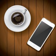 Smartphone mockup template with coffee cup on wood background