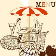 Coffee poster with cafe table coffee and young couple