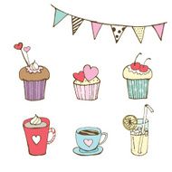 colorful cupcakes with drinks and bunting