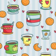 Seamless pattern with hand drawn cups cookies and hearts