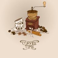 Illustration with vintage coffee grinder and cups