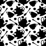 Seamless pattern with silhouettes cups teapots spoons sugar