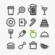 Different drinks and food icons set