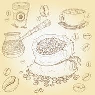 Hand drawn vector set of coffee elements